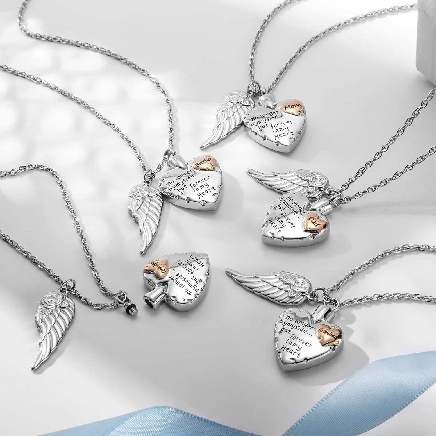 Heart Pendant Necklace, Cremation Necklace for Ashes for Women/Men, Urn Necklace for Ashes Angel Wing Jewelry Memorial Pendant- No Longer by My Side but Forever in My Heart- Pendant for Grandma